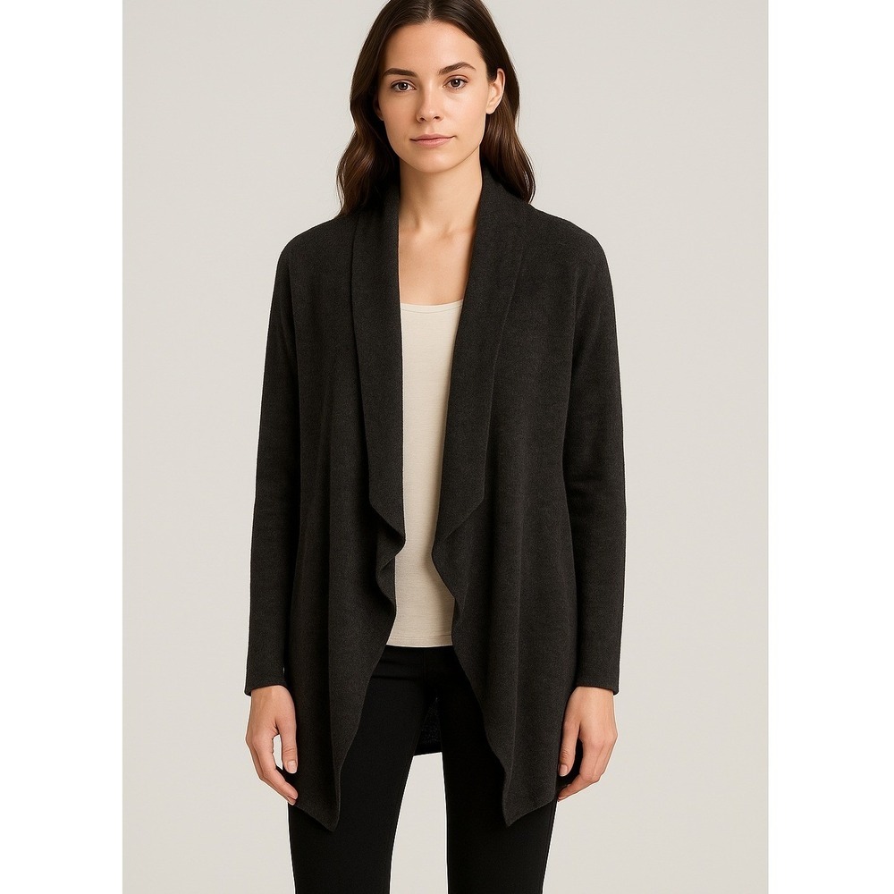 Barefoot Dreams CozyChic Cardigan Gray S/M Open Front‎ Waterfall Drape Pockets
